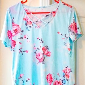 Floral V Neck Tie Short Sleeve Loose Causal Tops